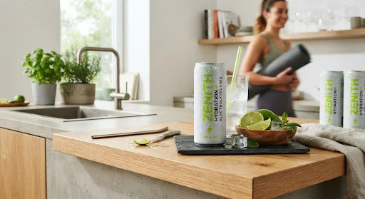 Modern organic kitchen island with sleek sparkling beverage cans with vibrant neon lime accents, chilled condensation on aluminum, sliced fresh citrus, active lifestyle atmosphere, crisp commercial product photography