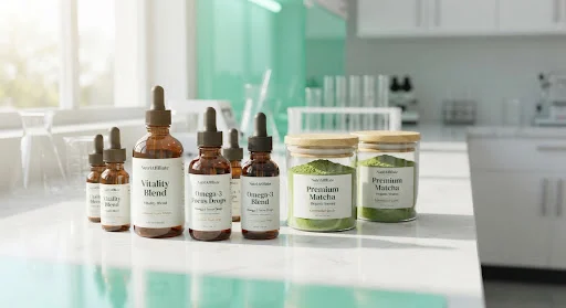 Close up photograph of sleek premium packaged ecommerce products and branded gift boxes set upon an ultra modern studio surface with vivid mint green reflections and soft natural studio sunlight.