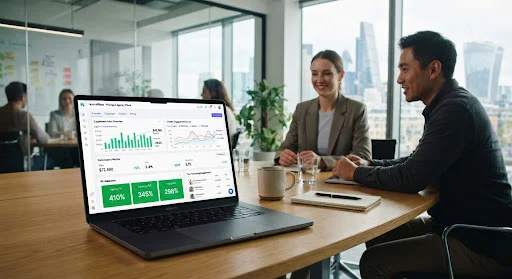 Modern high tech performance analytics dashboard displaying online store sales graphs, creator engagement curves, and green ROI indicators on a dark crisp laptop display inside a bright clean creative boardroom.